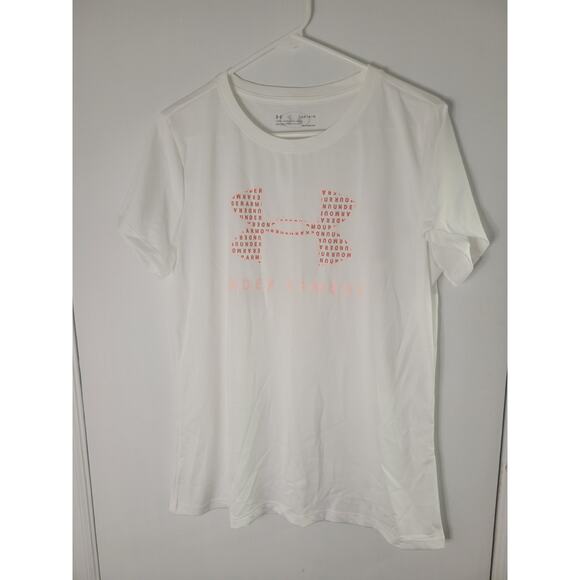 Under Armour Tech Script Women's White Pink Crew Short Sleeve Top Size L - Picture 2 of 6